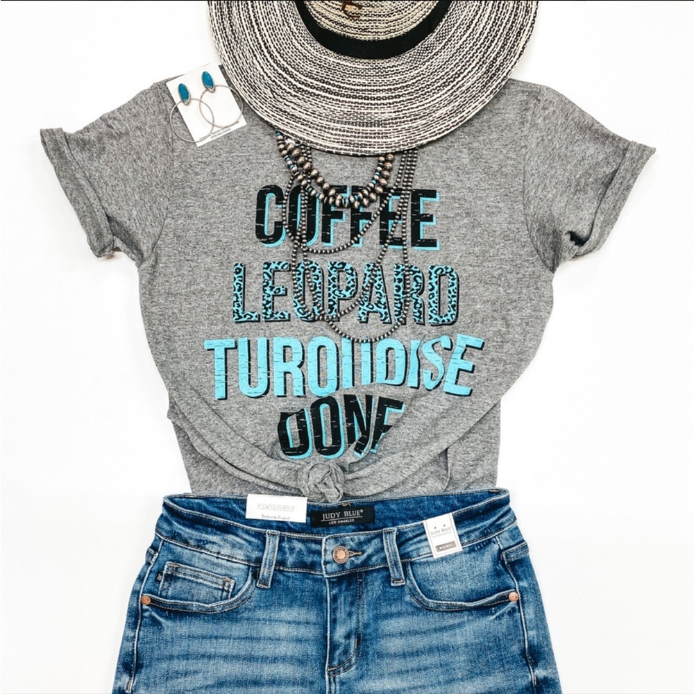 NEW Port & Company Coffee Leopard‎ Turquoise Done Graphic Tee Gray Small
